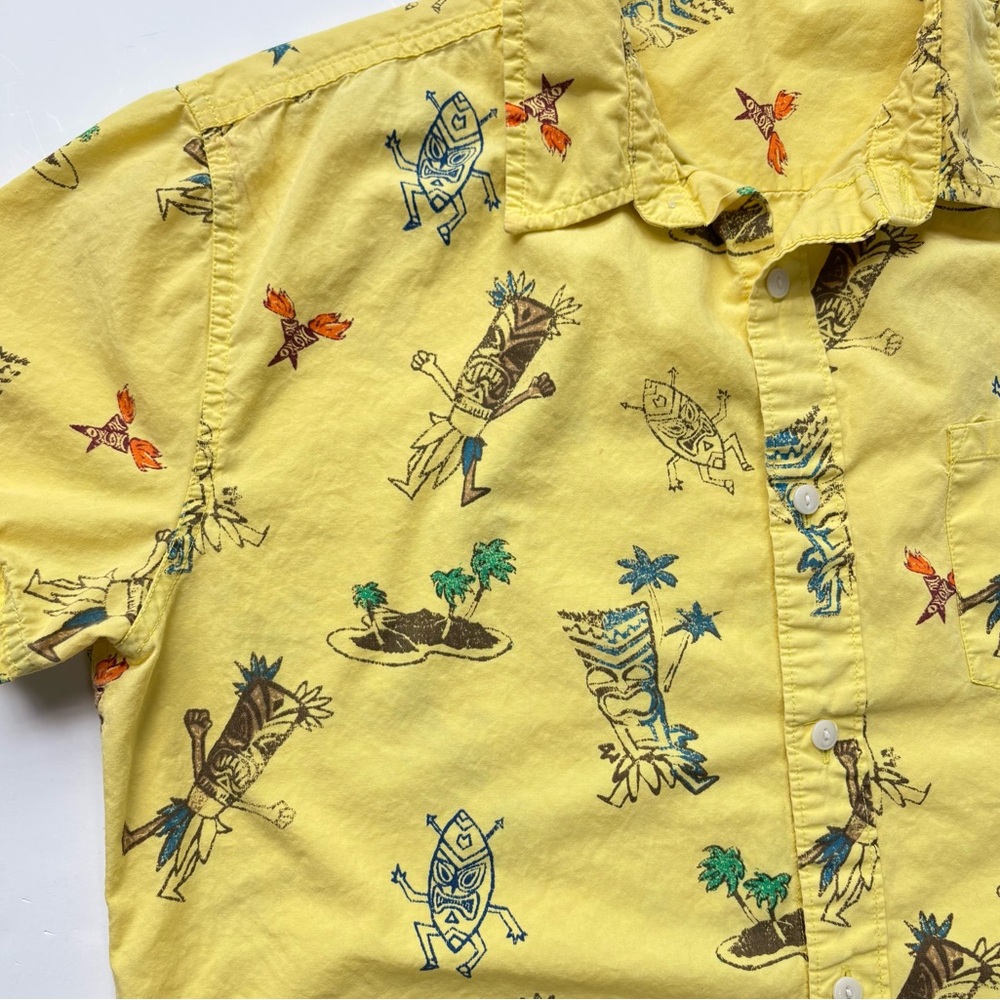 VTG Hang Ten Tiki Print Yellow Short Sleeve Button Down Summer Party Shirt Sz L - Picture 12 of 12